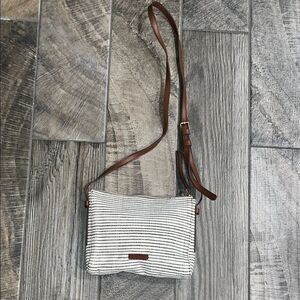 Fossil Striped Navy and White fabric striped Crossbody Bag w/ brown leather trim